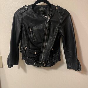 All Saints Cropped Black Leather Biker Jacket